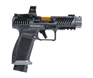 CANIK, TTI Combat, Striker Fired, Semi-automatic, Polymer Framed Pistol, Full Size, 9MM, 4.6" Fluted Barrel, Quick Detach Canik Compensator, Cerakote Finish, Smoke, 3-Dot Sights, MeCanik MO3 Optic, Holster, Punch and Toolkit, Cleaning Kit, Hard Case, 18 Rounds, 2 Magazines