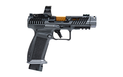 CANIK, TTI Combat, Striker Fired, Semi-automatic, Polymer Framed Pistol, Full Size, 9MM, 4.6" Fluted Barrel, Quick Detach Canik Compensator, Cerakote Finish, Smoke, 3-Dot Sights, MeCanik MO3 Optic, Holster, Punch and Toolkit, Cleaning Kit, Hard Case, 18 Rounds, 2 Magazines