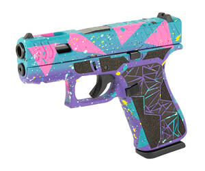 GLOCK, 43X, 80's DAY, Striker Fired, Semi-automatic, Polymer Frame Pistol, Sub Compact, 9MM, 3.41" Marksman Barrel, Custom Purple/Cyan/Pink Cerakote Finish by Shark Coast Tactical, No Finger Grooves, Front Serrations, Laser Stippled Grip, Fixed Sights, 10 Rounds, 2 Magazines, GLOCK MOS-K Optic Cut (507K/407K/EPS/RMSc)