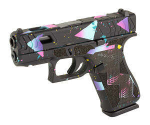 GLOCK, 43X, Semi-automatic, Striker Fired, Polymer Frame Pistol, Sub-Compact, 9MM, 3.41" Barrel, Custom 80's Night Cerakote Finish by Shark Coast Tactical, Black, Cyan, and Purple, Laser Stippled Grip, Fixed Sights, 15 Rounds, 2 Magazines Exclusive Warning Glock Disclaimer
