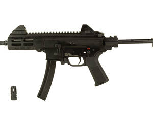 Military Arms Corporation, MAC IX, Semi-automatic, Steel Frame Pistol, 9MM, 6.5" Threaded Barrel, 1/2X28 Thread Pitch, Anodized Finish, Black, Tailhook Retractable Brace, Adjustable AR/M4 BUIS Style Detachable Sights, Thumb Safety, 30 Rounds, 2 Magazines