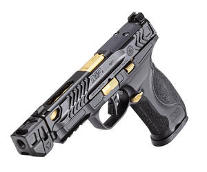 Smith & Wesson, M&P9 M2.0 Metal Talo, Striker Fired, Semi-automatic, Polymer Frame Pistol, Full Size, 9MM, 4.869" Threaded Barrel, 1/2X28 Thread Pitch, Armornite Finish, Black, Gold PVD Barrel and Accents, Front Night Sight, Optics Ready Slide, Strike Industries Compensator, No Manual Safety, Flat Face Trigger with Integrated Trigger Safety, 4 Magazines, (2)-17 Round, and (2)-23 Round
