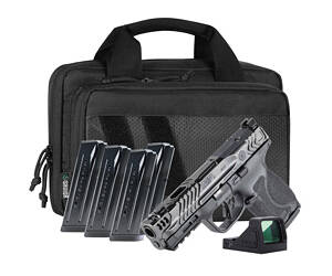 Smith & Wesson, Performance Center M&P Compact Carry Comp, Semi-automatic, Striker Fired, Polymer Frame Pistol, Compact, 9MM, 4.22" Ported Barrel, Armonite Finish, Gray, Textured Polymer Grip, Tritium Front Night Sight, Viridian RFX11 Optic, 15 Rounds, 5 Magazines, Includes Savior Bag