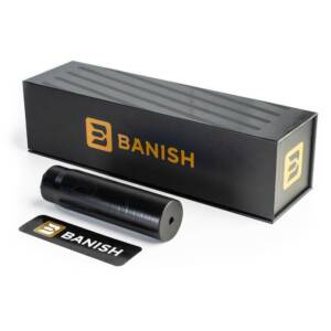 BANISH, Varmint 223, Suppressor, 223 Remington, 5.7" Length, 1.5" Diameter, Stainless Steel, Gun Kote Finish, Black, HUB Compatible Direct Thread Mount, 1/2X28